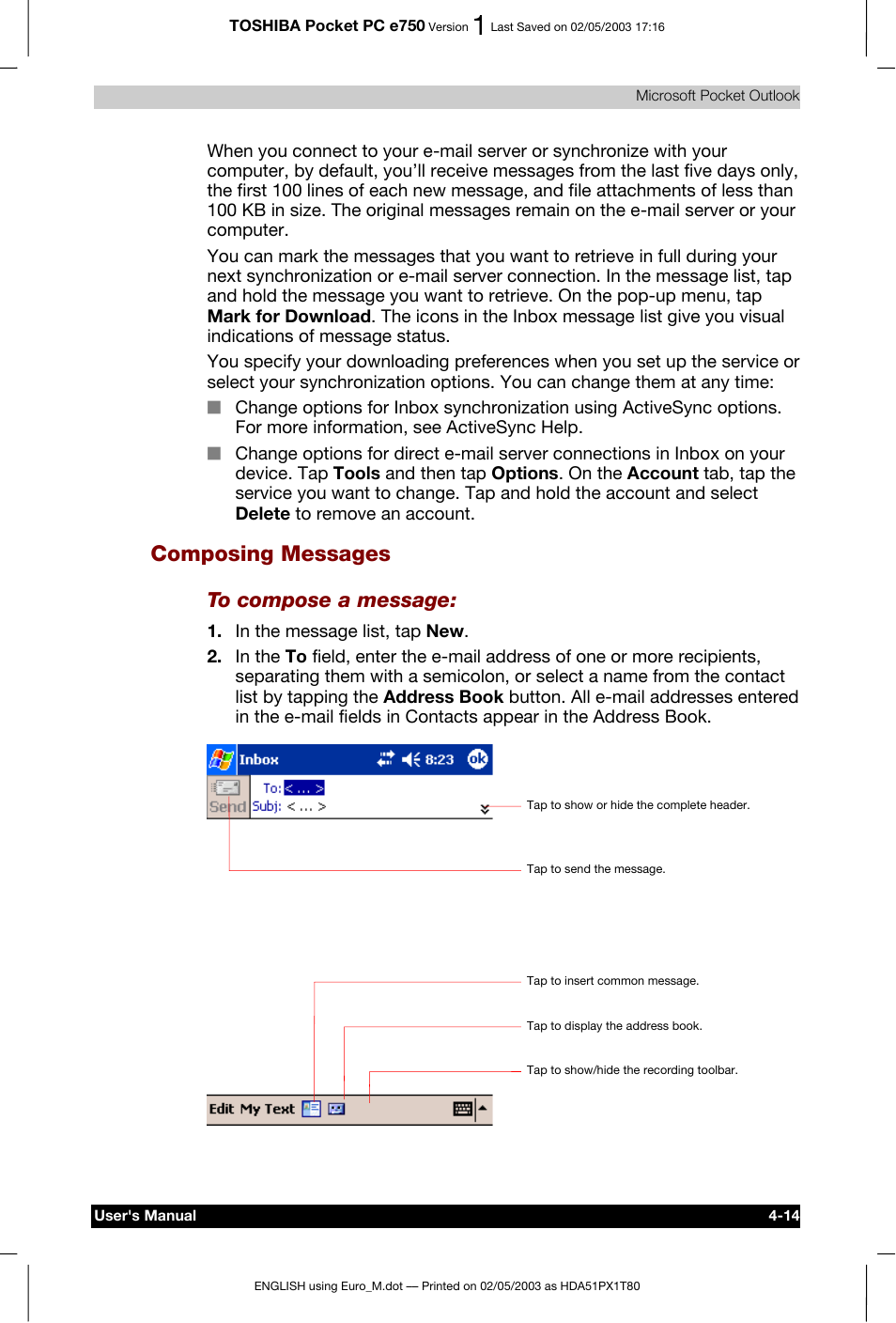 Composing messages | Toshiba Pocket PC e750 User Manual | Page 83 / 215