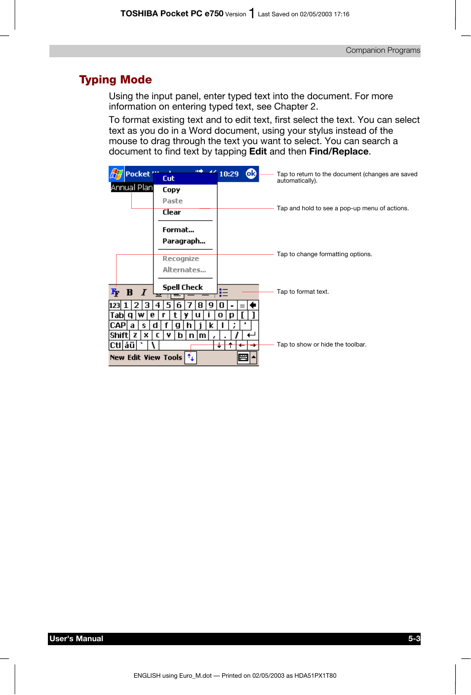 Typing mode | Toshiba Pocket PC e750 User Manual | Page 87 / 215