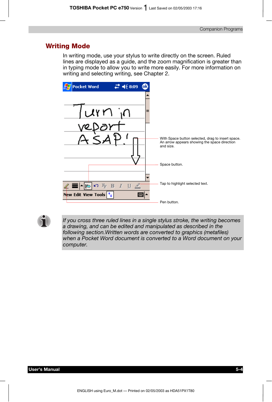 Writing mode | Toshiba Pocket PC e750 User Manual | Page 88 / 215