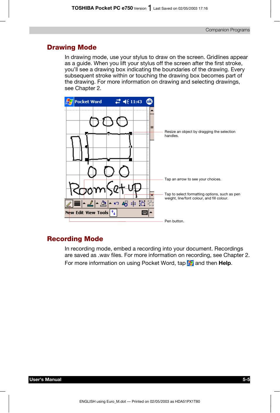 Drawing mode, Recording mode | Toshiba Pocket PC e750 User Manual | Page 89 / 215