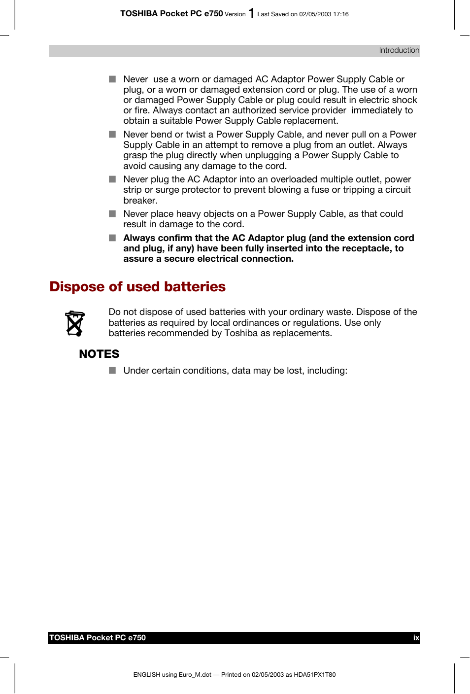 Dispose of used batteries | Toshiba Pocket PC e750 User Manual | Page 9 / 215