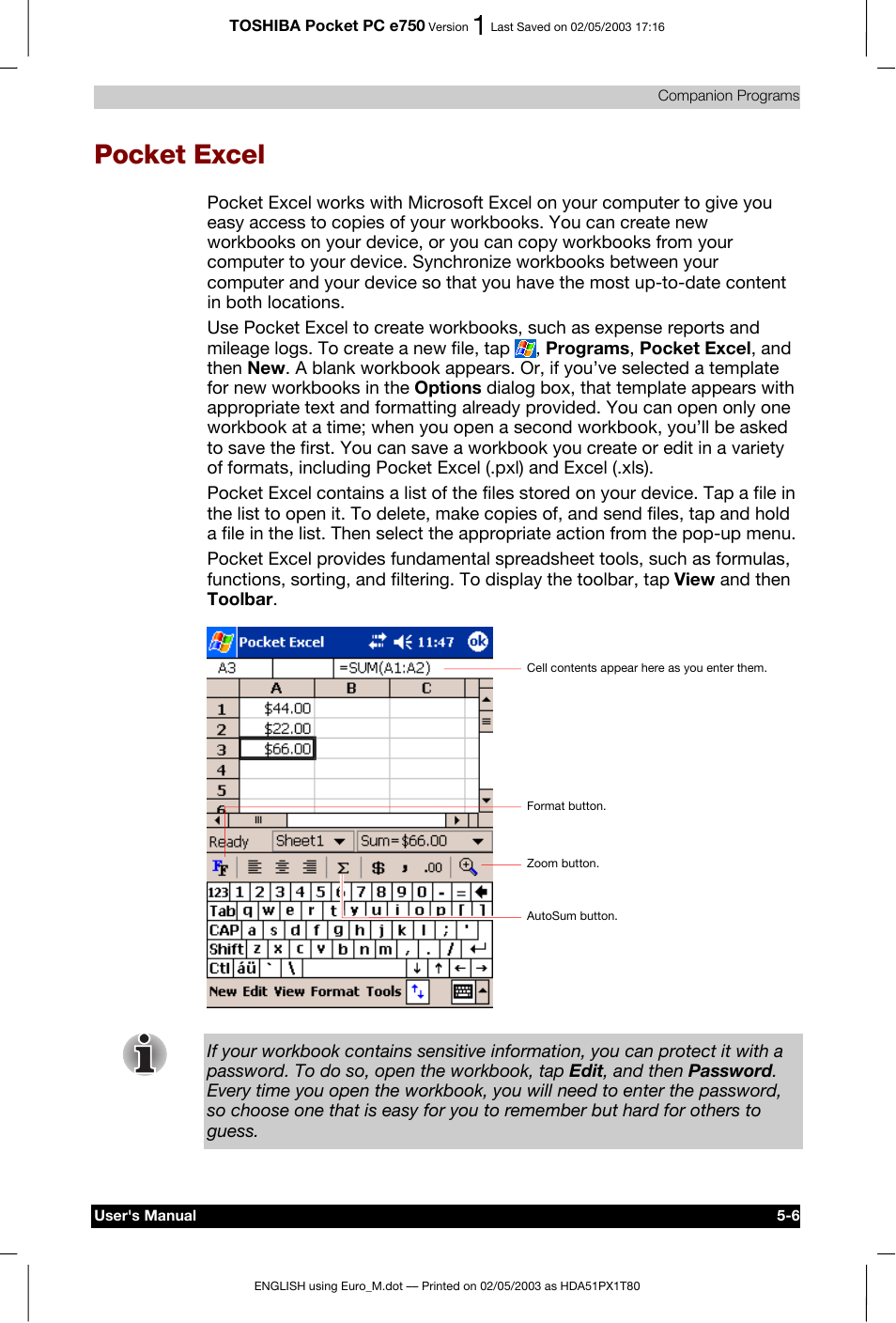 Pocket excel | Toshiba Pocket PC e750 User Manual | Page 90 / 215