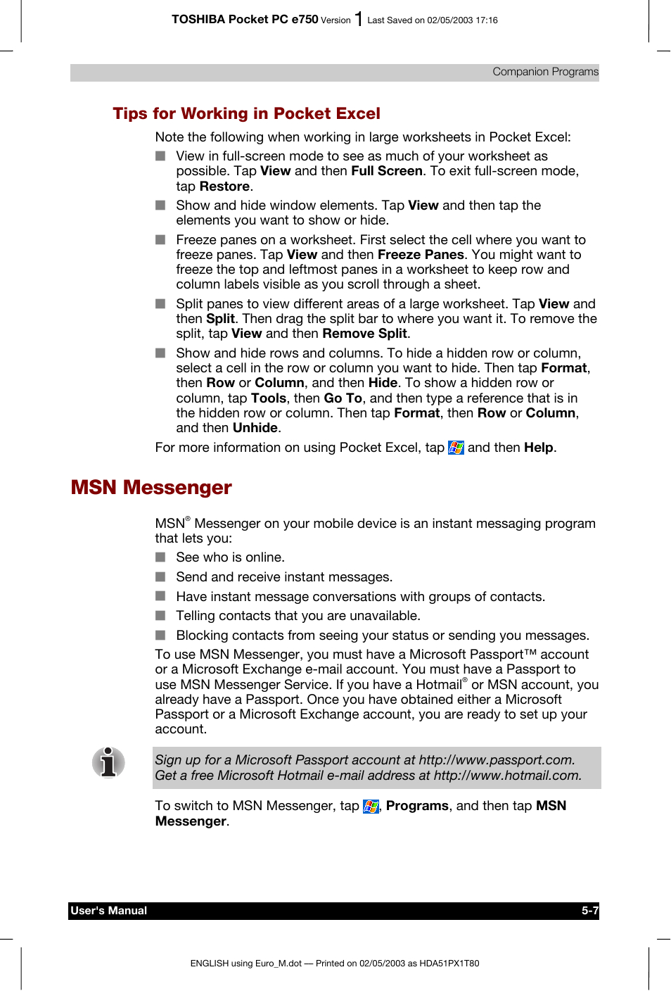 Msn messenger, Tips for working in pocket excel | Toshiba Pocket PC e750 User Manual | Page 91 / 215