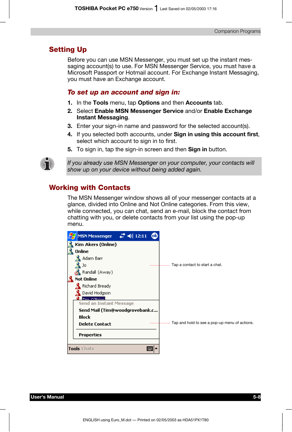 Setting up, Working with contacts | Toshiba Pocket PC e750 User Manual | Page 92 / 215