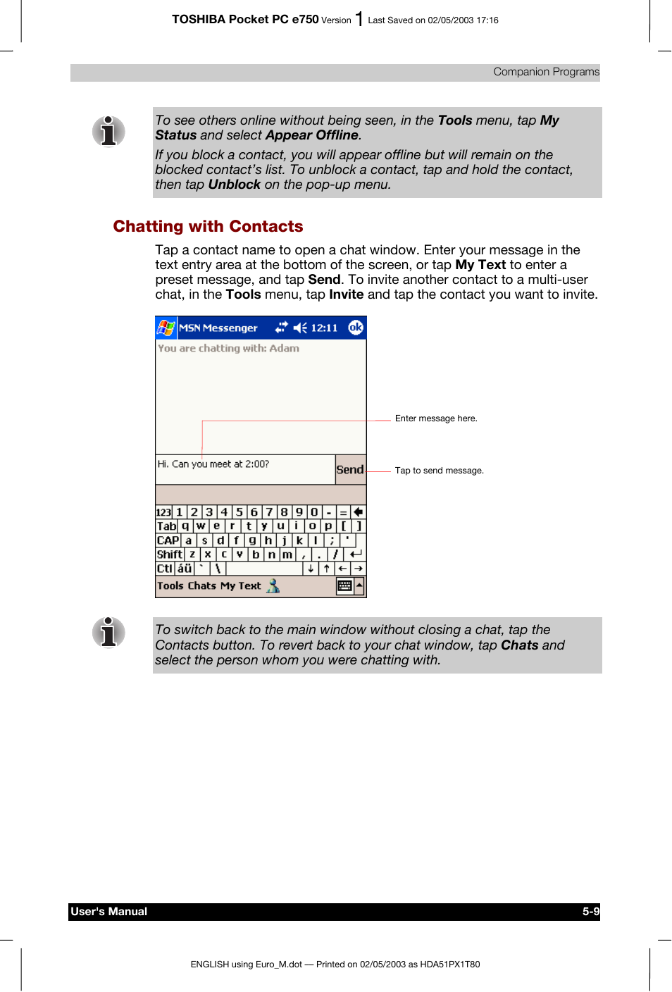 Chatting with contacts | Toshiba Pocket PC e750 User Manual | Page 93 / 215