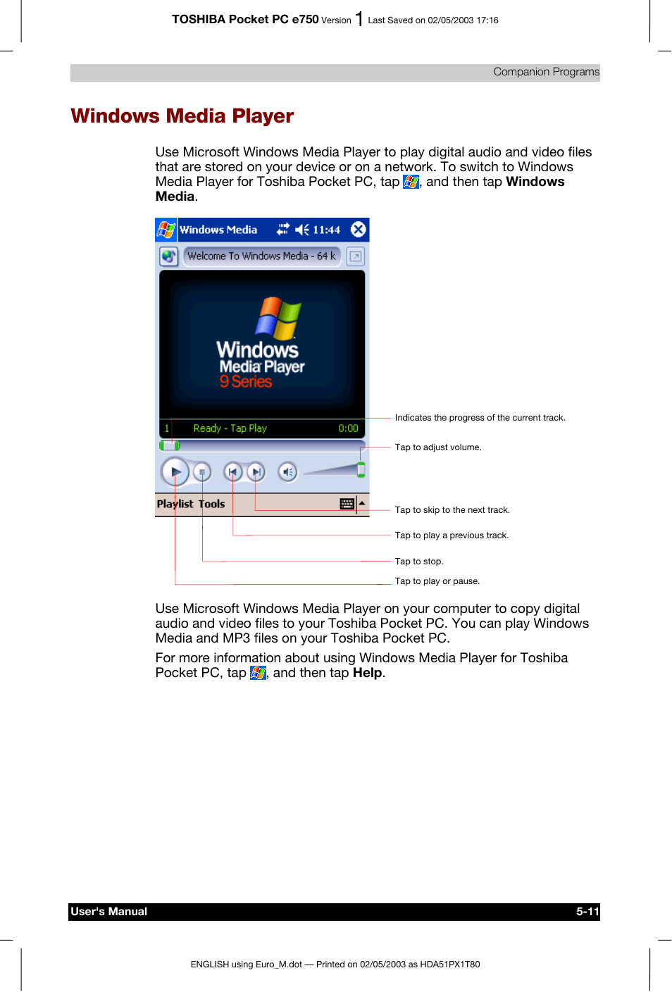 Windows media player | Toshiba Pocket PC e750 User Manual | Page 95 / 215