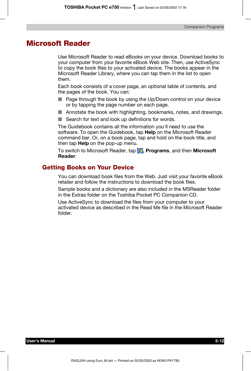 Microsoft reader, Getting books on your device | Toshiba Pocket PC e750 User Manual | Page 96 / 215