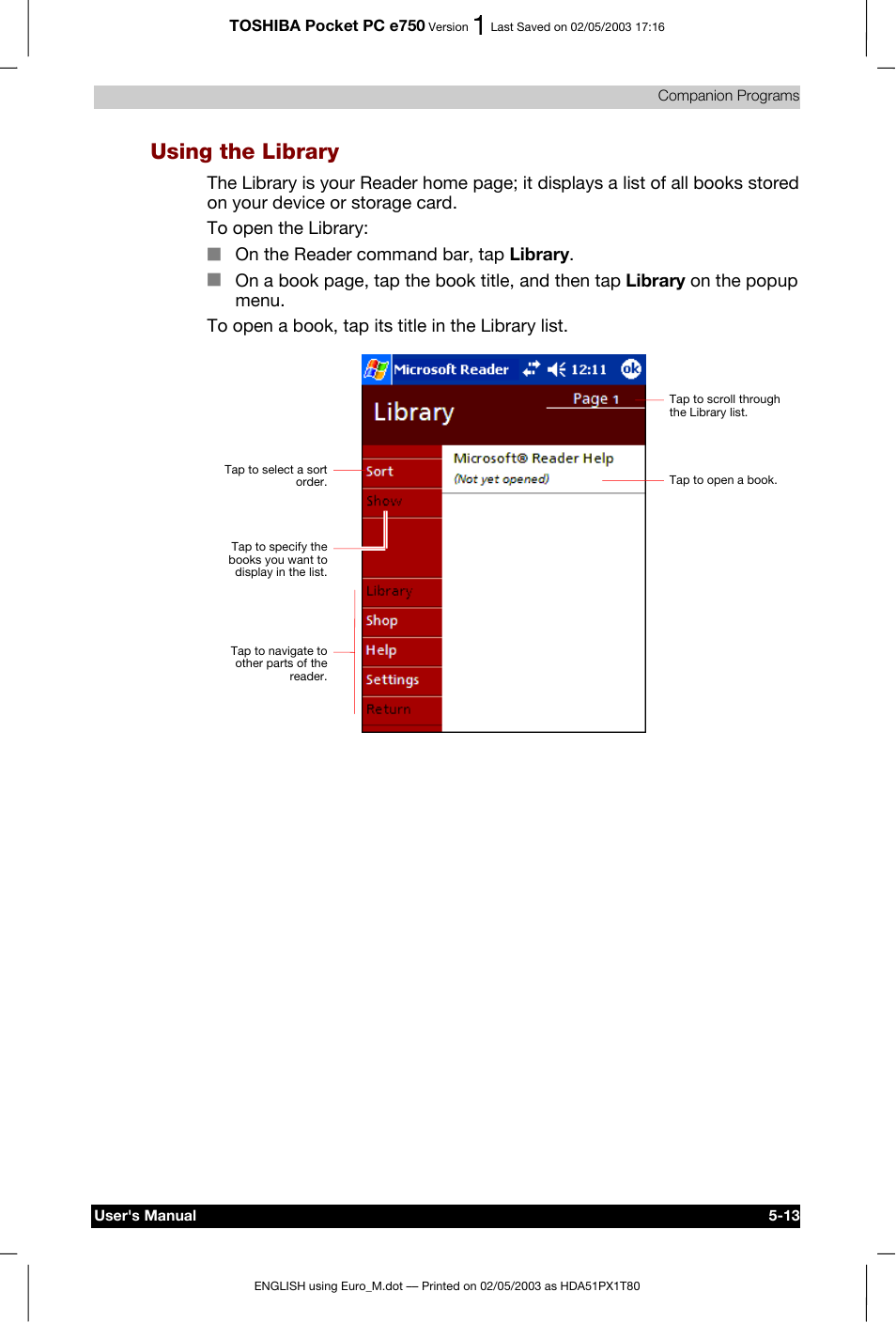 Using the library, On the reader command bar, tap library | Toshiba Pocket PC e750 User Manual | Page 97 / 215