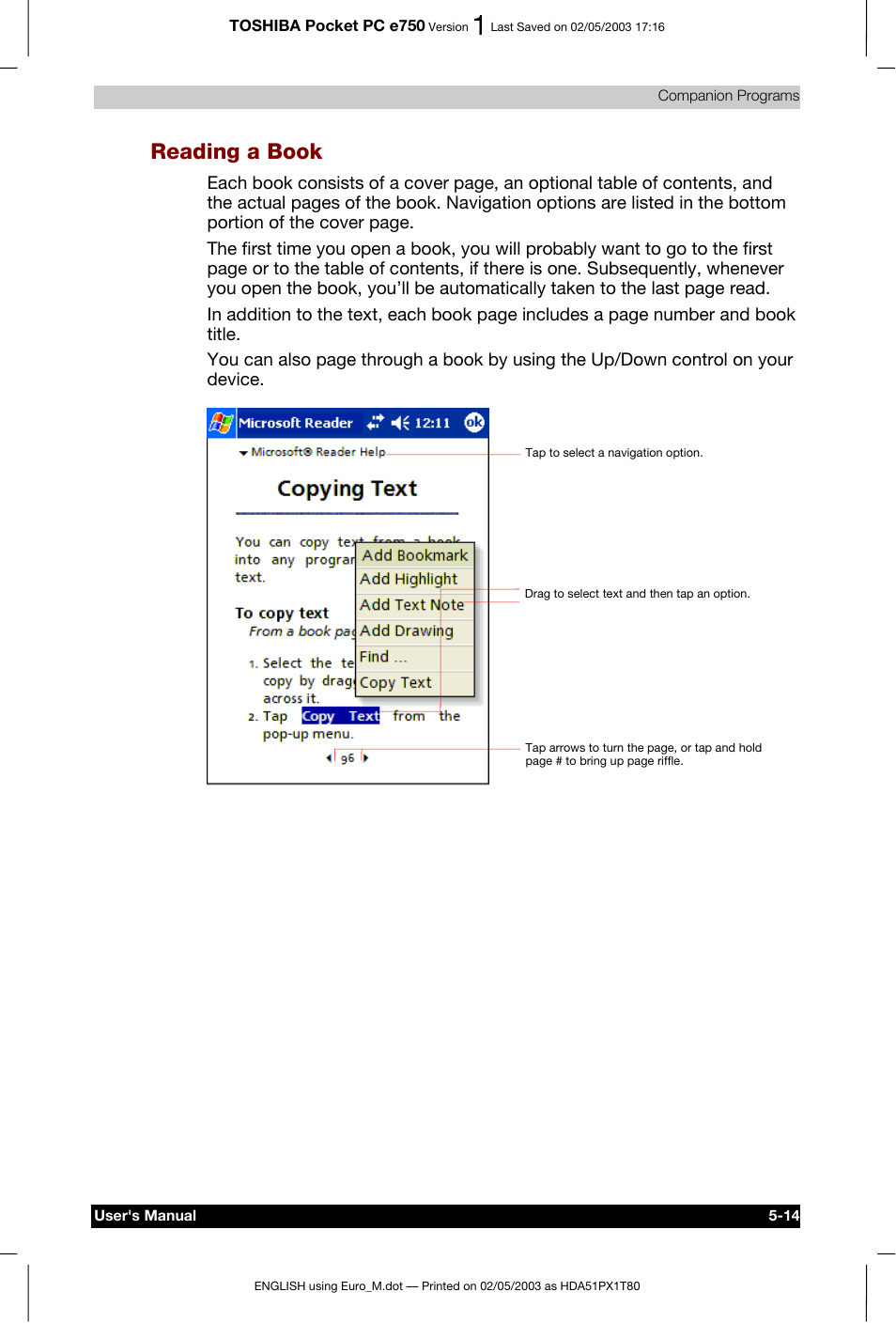 Reading a book | Toshiba Pocket PC e750 User Manual | Page 98 / 215