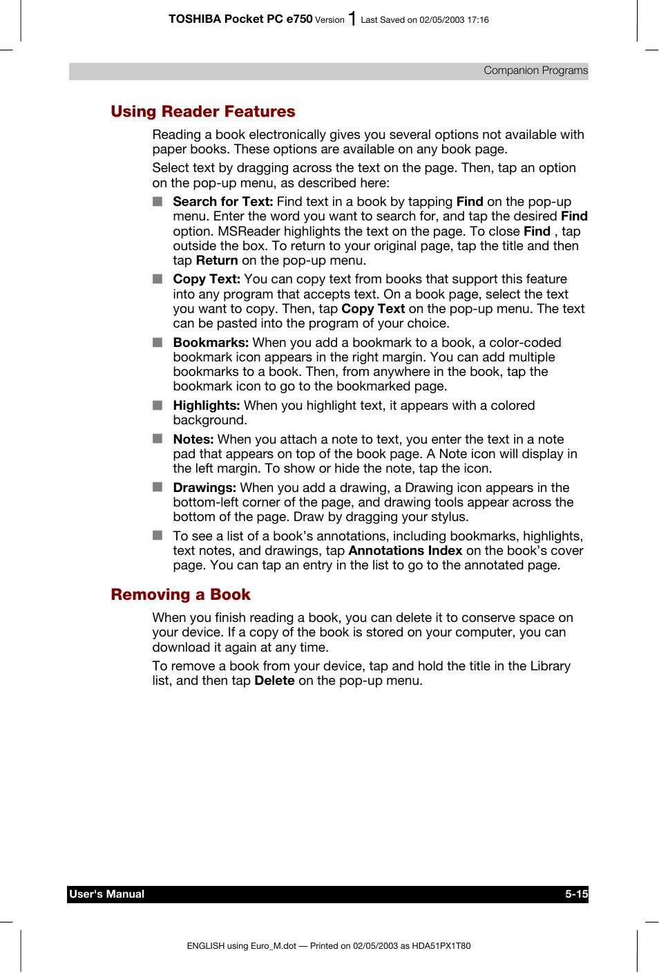 Using reader features, Removing a book | Toshiba Pocket PC e750 User Manual | Page 99 / 215