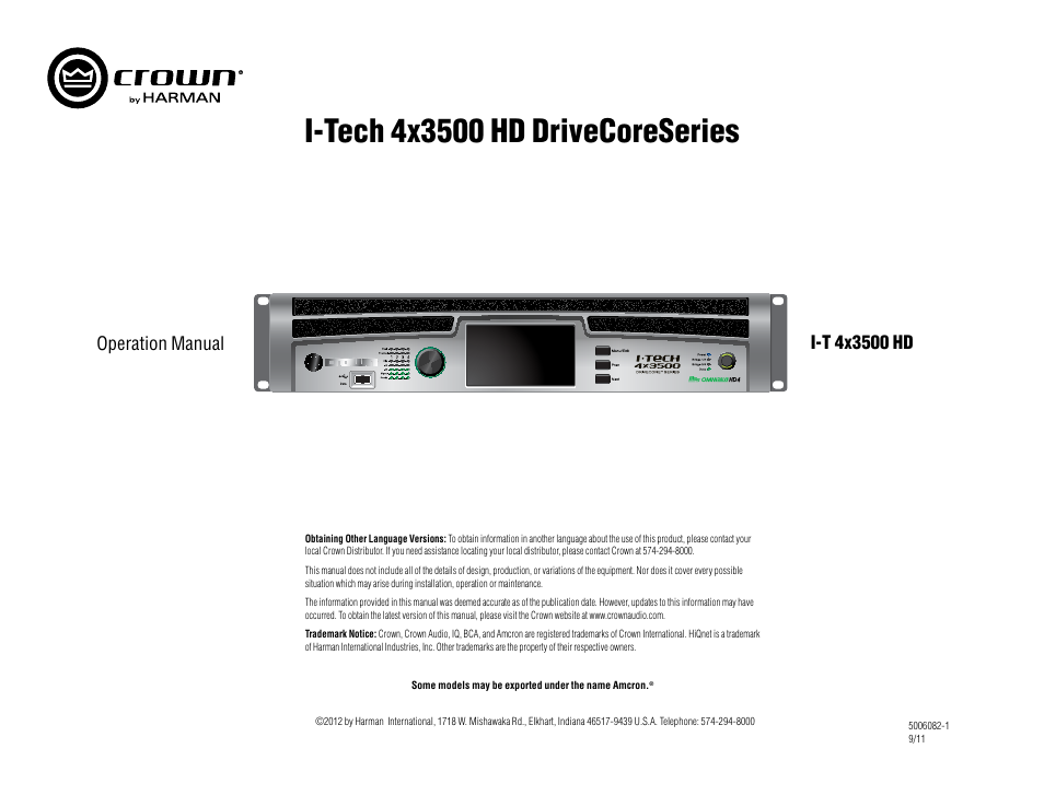 Crown Audio I-Tech 4x3500HD User Manual | 72 pages