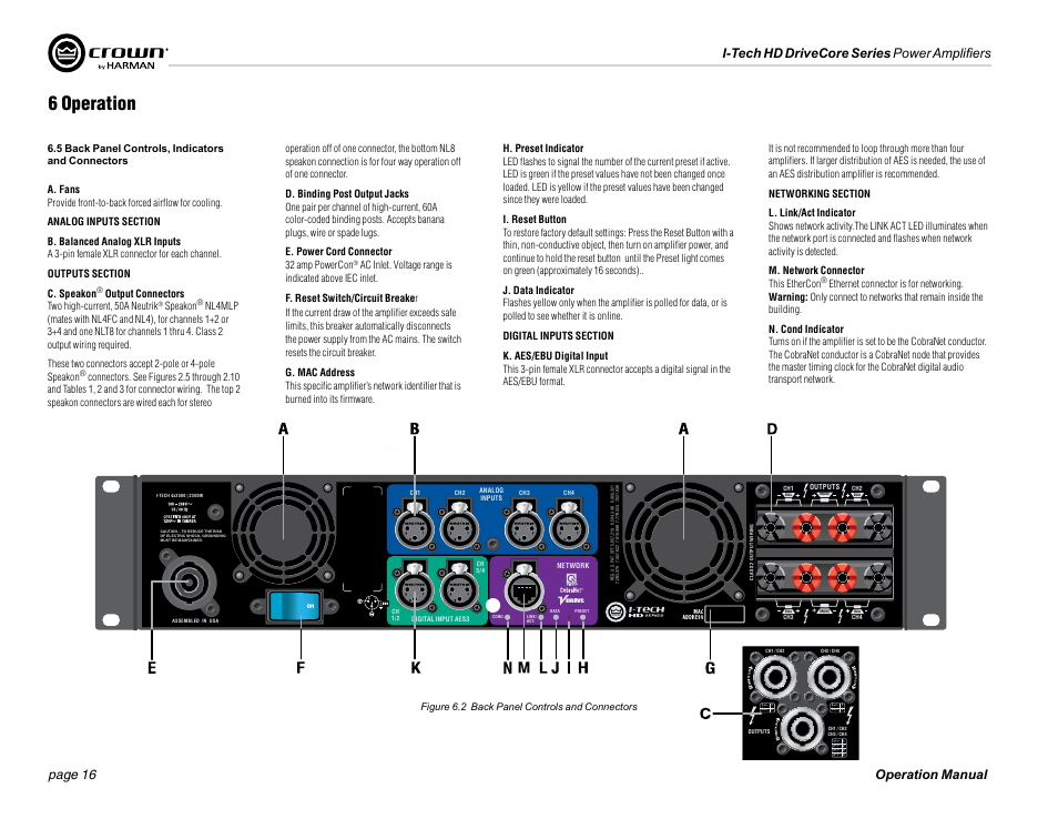 6 operation, Output connectors two high-current, 50a neutrik, Speakon | Crown Audio I-Tech 4x3500HD User Manual | Page 16 / 72