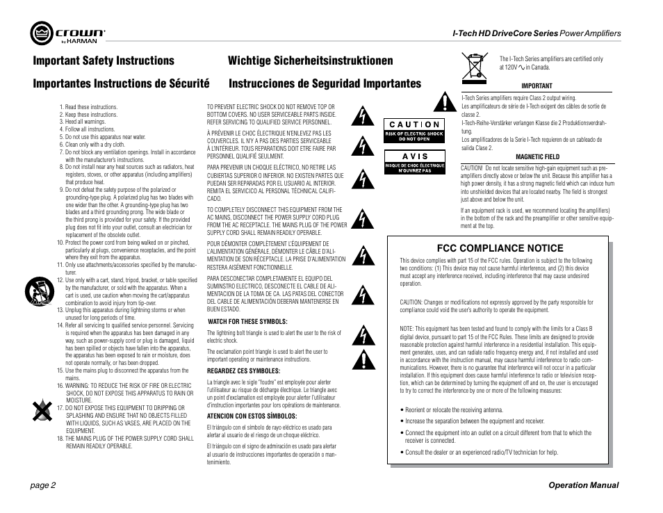Important safety instructions, Fcc compliance notice | Crown Audio I-Tech 4x3500HD User Manual | Page 2 / 72