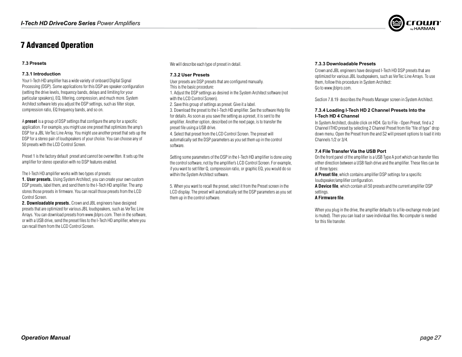 7 advanced operation | Crown Audio I-Tech 4x3500HD User Manual | Page 27 / 72