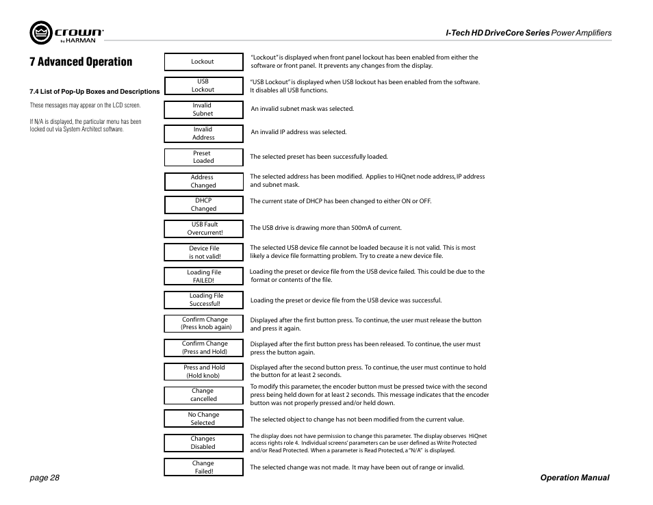 7 advanced operation | Crown Audio I-Tech 4x3500HD User Manual | Page 28 / 72