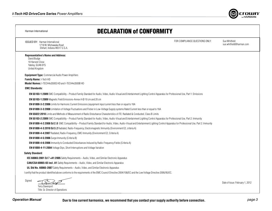 Declaration of conformity | Crown Audio I-Tech 4x3500HD User Manual | Page 3 / 72