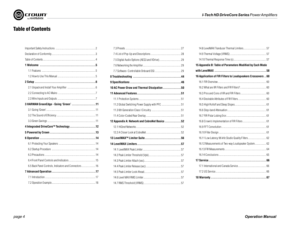 Crown Audio I-Tech 4x3500HD User Manual | Page 4 / 72