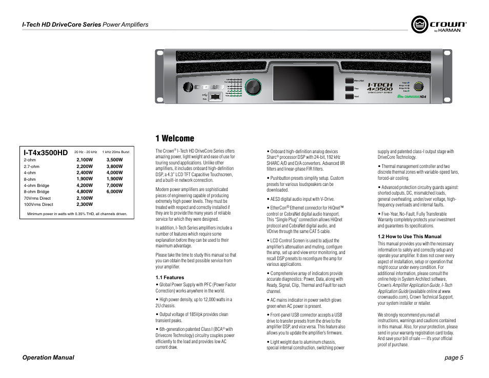1 welcome | Crown Audio I-Tech 4x3500HD User Manual | Page 5 / 72
