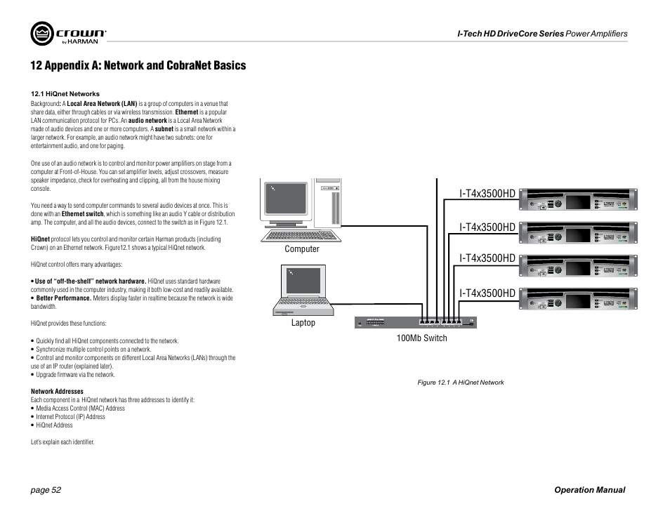 12 appendix a: network and cobranet basics | Crown Audio I-Tech 4x3500HD User Manual | Page 52 / 72