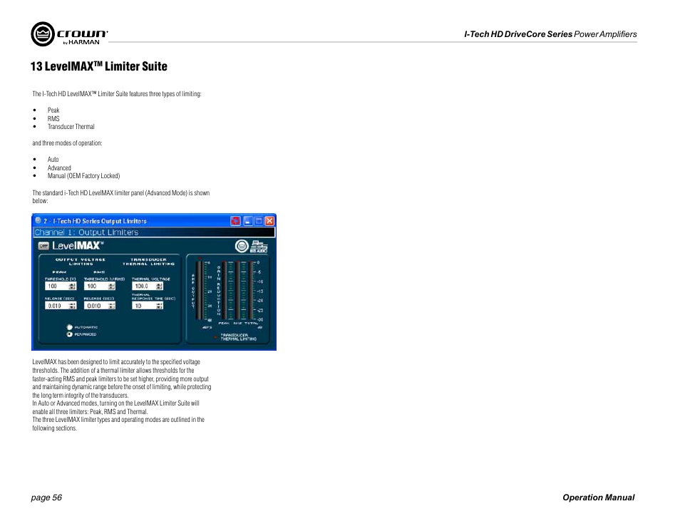 13 levelmax, Limiter suite | Crown Audio I-Tech 4x3500HD User Manual | Page 56 / 72