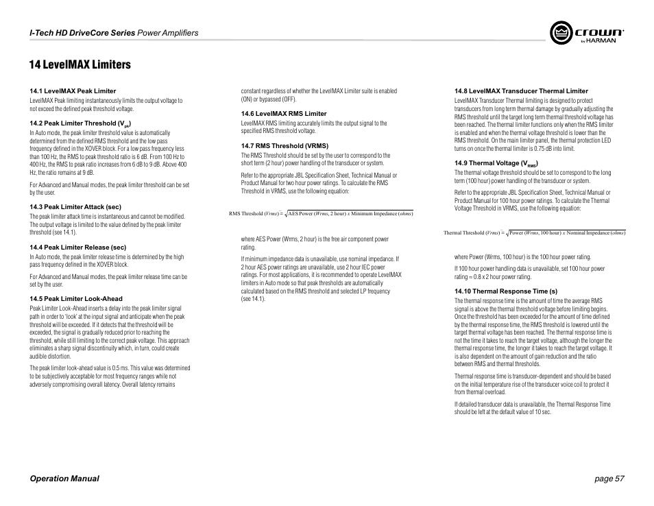 14 levelmax limiters | Crown Audio I-Tech 4x3500HD User Manual | Page 57 / 72