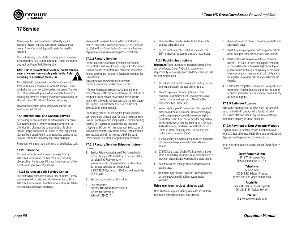 17 service | Crown Audio I-Tech 4x3500HD User Manual | Page 66 / 72