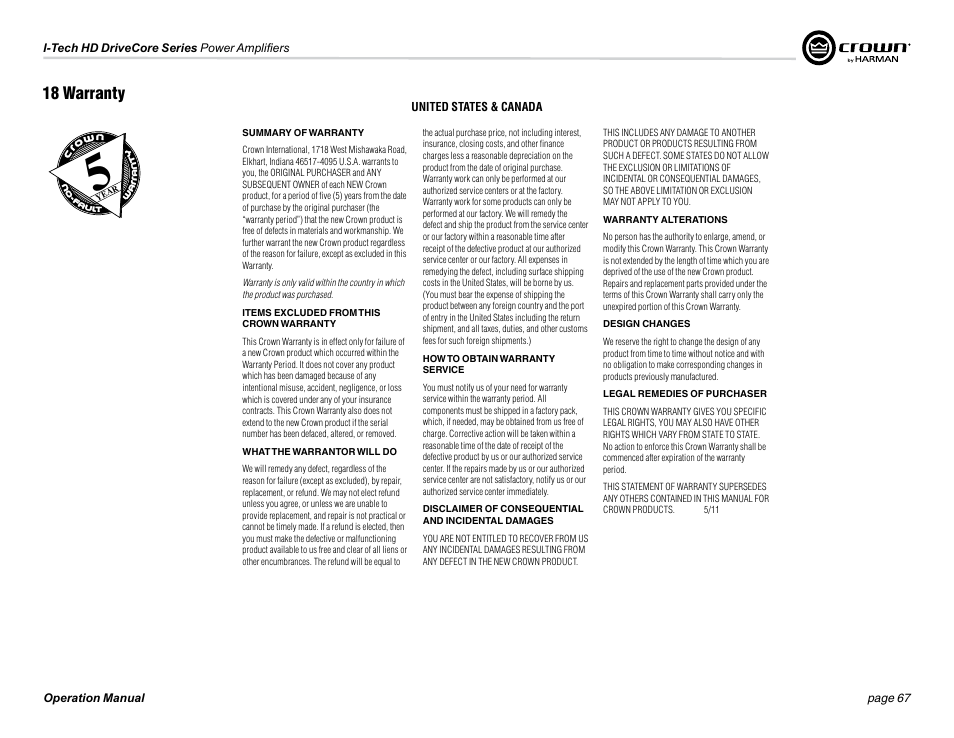 18 warranty | Crown Audio I-Tech 4x3500HD User Manual | Page 67 / 72