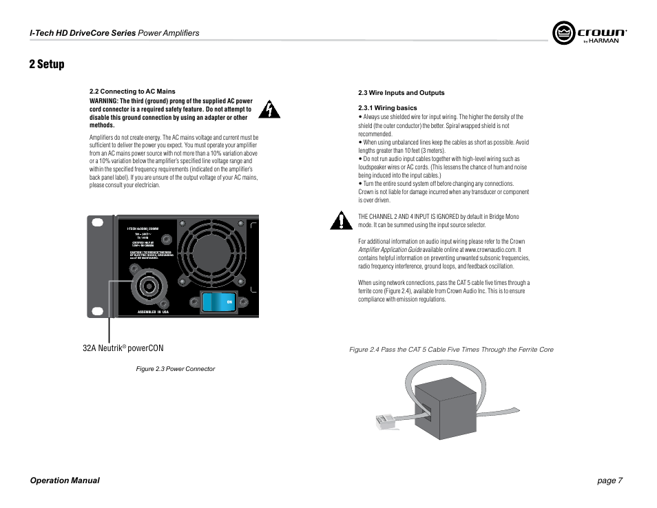 2 setup, 32a neutrik, Powercon | Figure 2.3 power connector | Crown Audio I-Tech 4x3500HD User Manual | Page 7 / 72