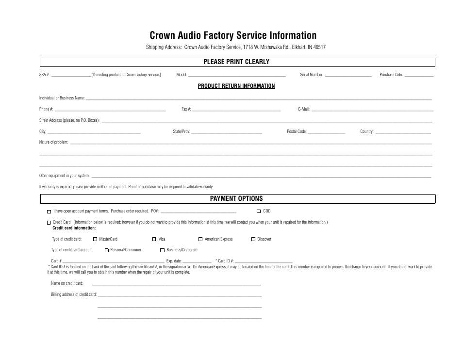 Crown audio factory service information | Crown Audio I-Tech 4x3500HD User Manual | Page 71 / 72