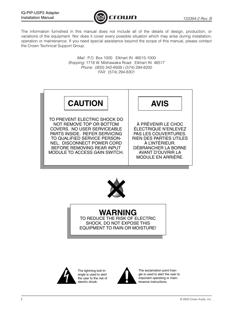 Caution avis warning | Crown Audio IQ-PIP-USP2 Adapter User Manual | Page 2 / 12