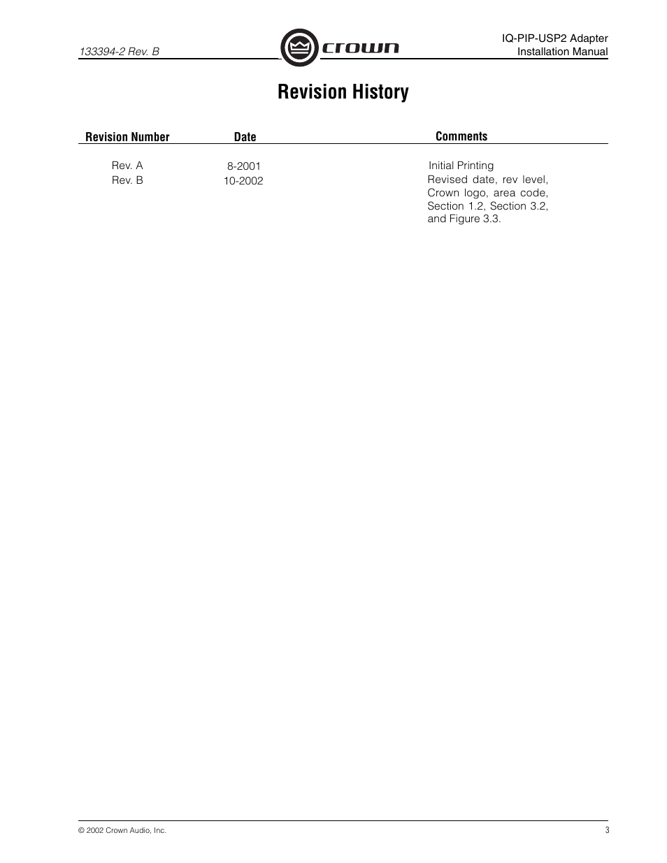 Revision history | Crown Audio IQ-PIP-USP2 Adapter User Manual | Page 3 / 12