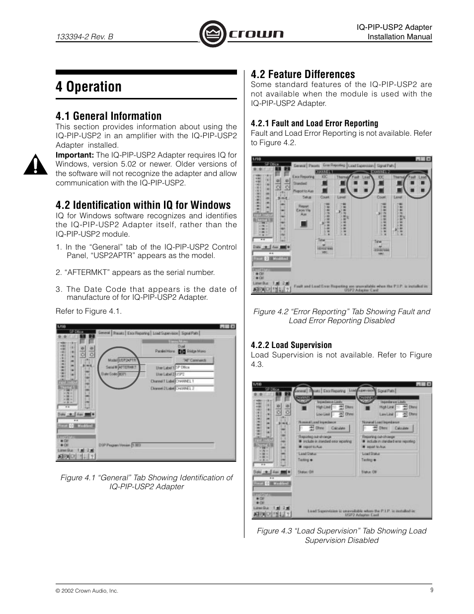 4 operation, 1 general information, 2 identifi cation within iq for windows | 2 feature differences | Crown Audio IQ-PIP-USP2 Adapter User Manual | Page 9 / 12