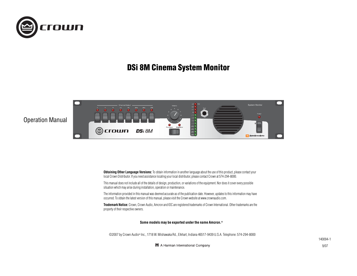 Crown Audio DSi-8M User Manual | 20 pages