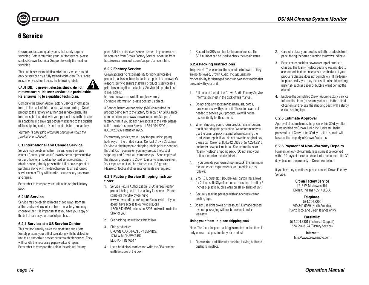 6 service | Crown Audio DSi-8M User Manual | Page 14 / 20