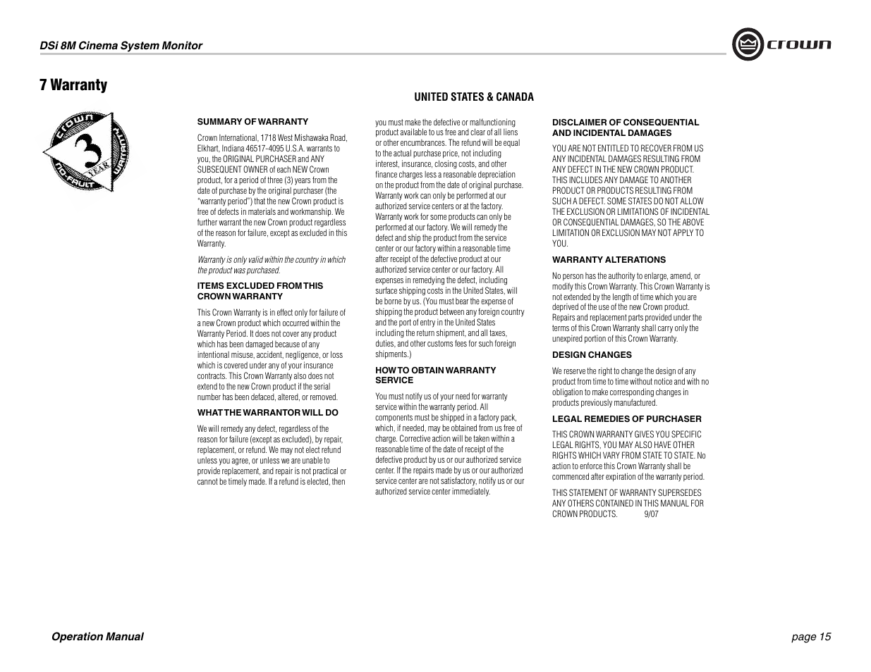 7 warranty | Crown Audio DSi-8M User Manual | Page 15 / 20