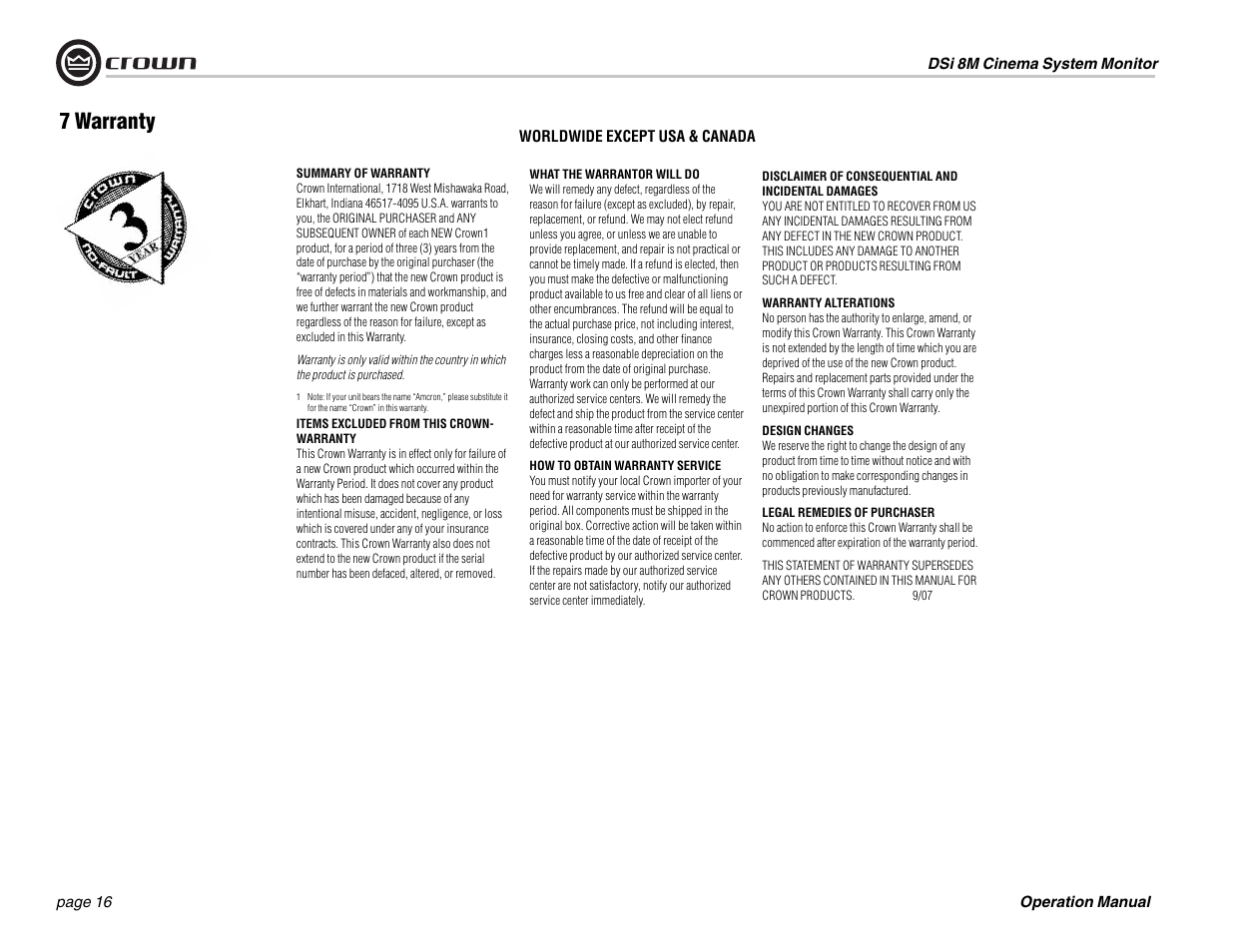 7 warranty | Crown Audio DSi-8M User Manual | Page 16 / 20