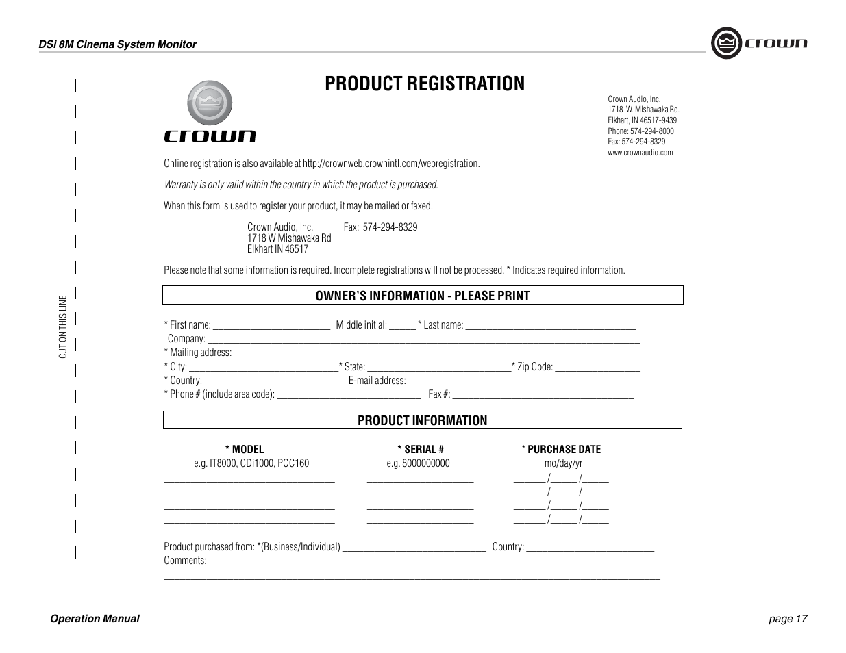 Product registration | Crown Audio DSi-8M User Manual | Page 17 / 20