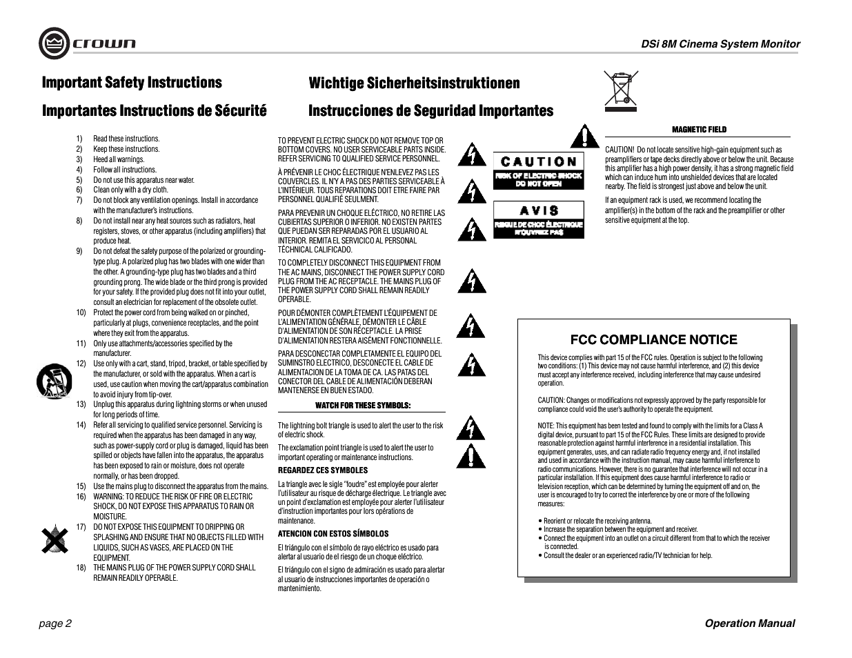 Important safety instructions, Fcc compliance notice | Crown Audio DSi-8M User Manual | Page 2 / 20