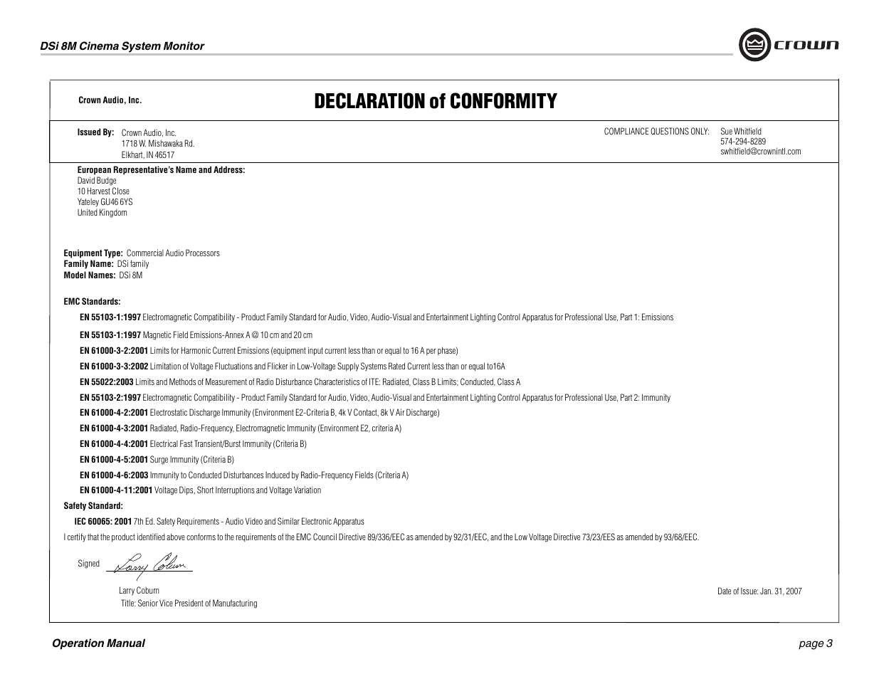 Declaration of conformity | Crown Audio DSi-8M User Manual | Page 3 / 20