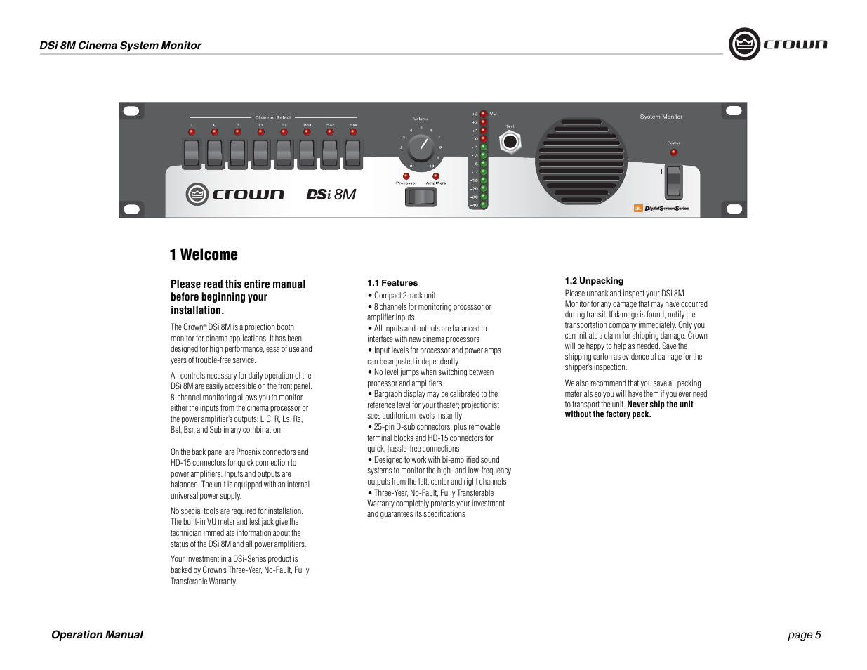 1 welcome | Crown Audio DSi-8M User Manual | Page 5 / 20