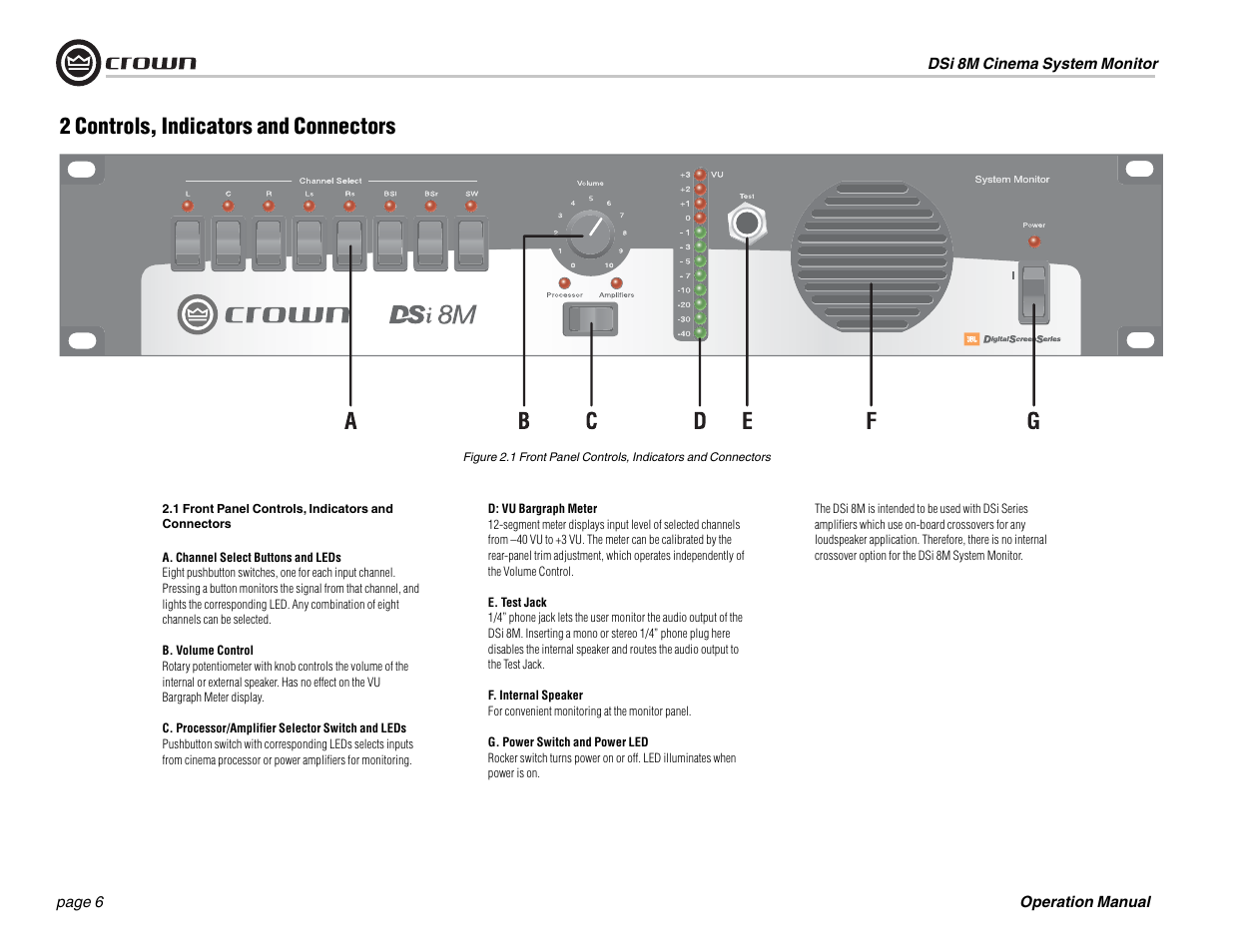 2 controls, indicators and connectors | Crown Audio DSi-8M User Manual | Page 6 / 20
