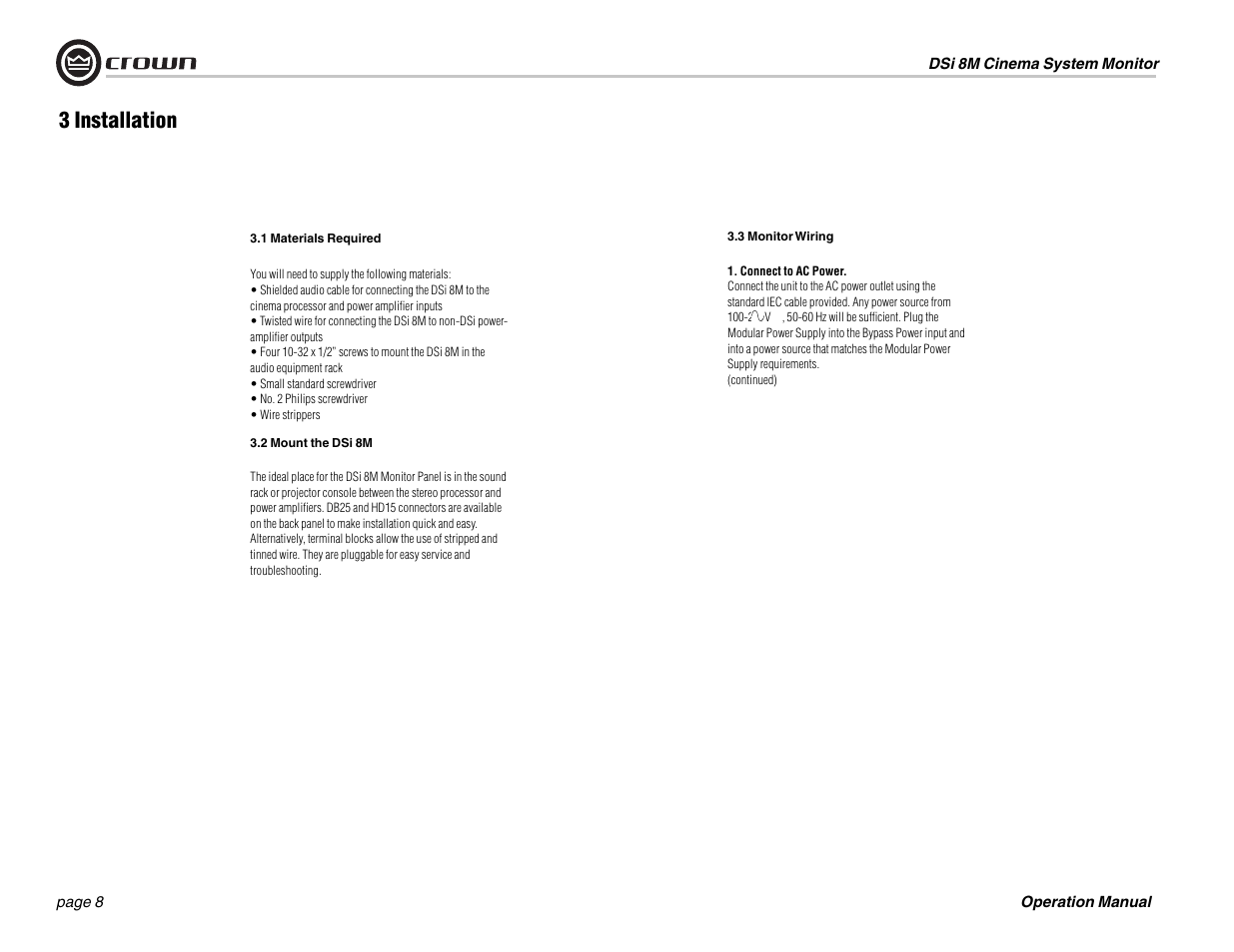 3 installation | Crown Audio DSi-8M User Manual | Page 8 / 20