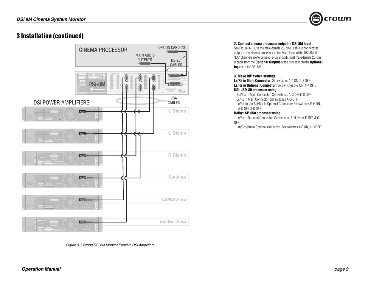 3 installation (continued), Cinema processor, Dsi-8m dsi power amplifiers | Crown Audio DSi-8M User Manual | Page 9 / 20