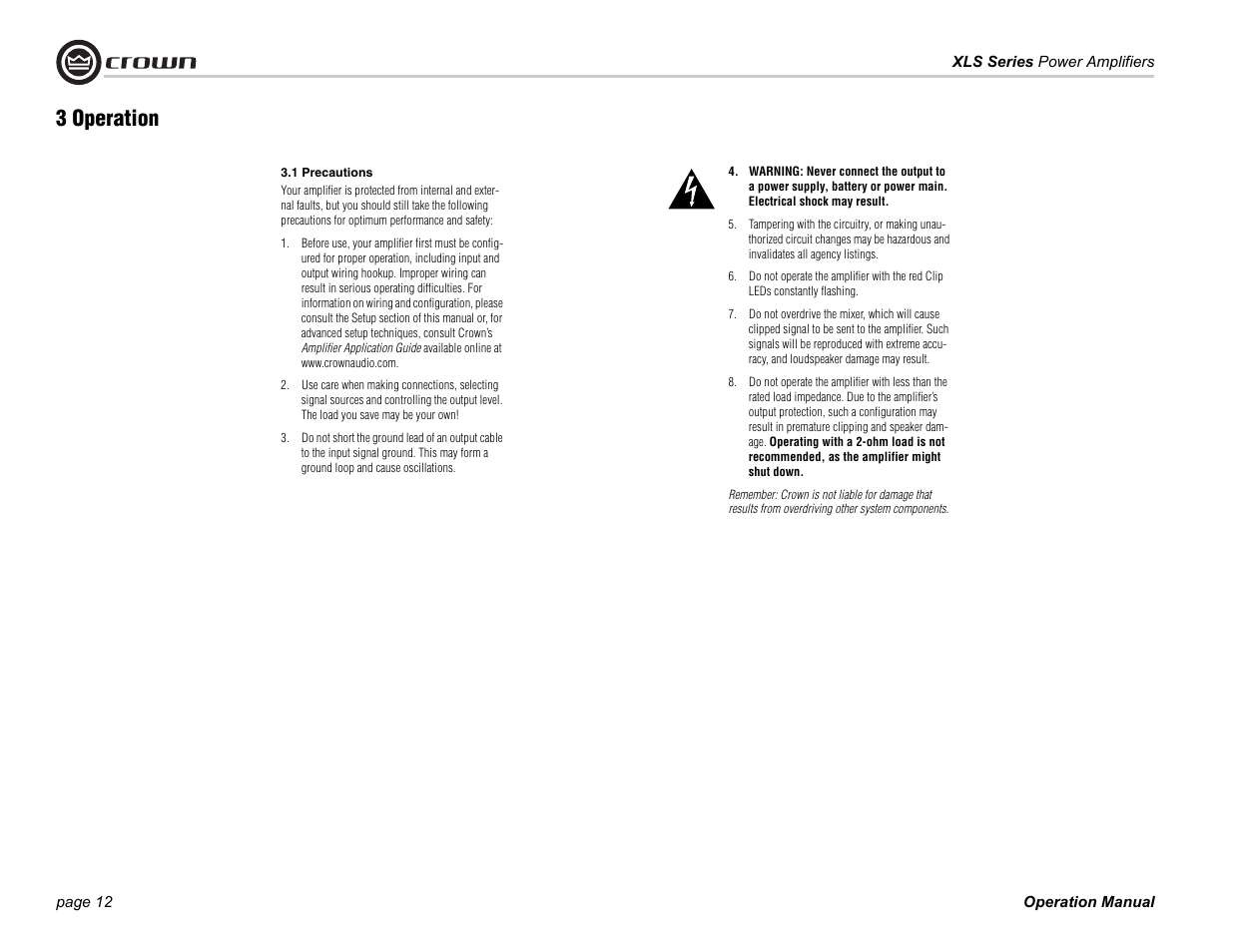 3 operation | Crown Audio XLS Series (2 rack space height with one Speakon connector) User Manual | Page 12 / 28