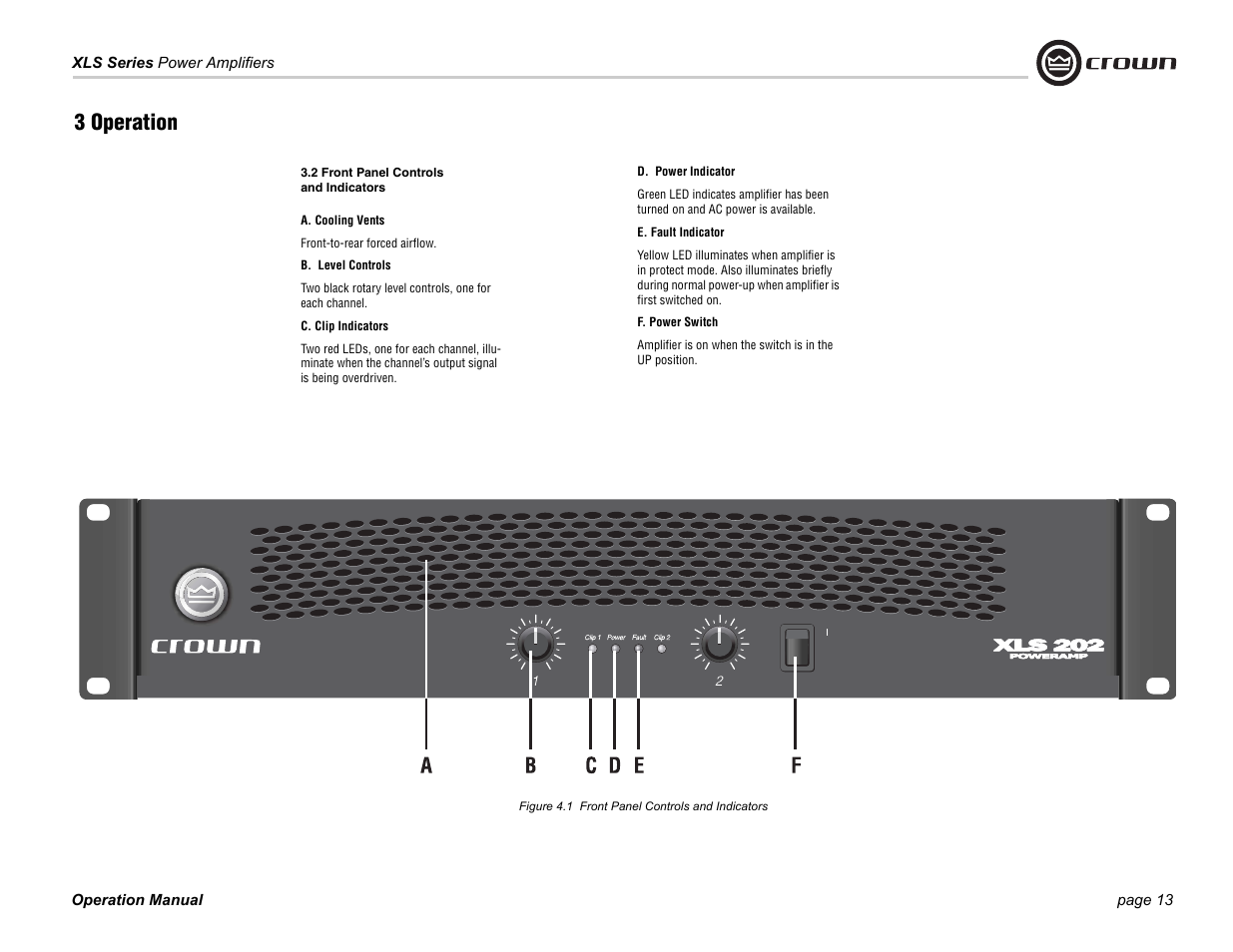 3 operation | Crown Audio XLS Series (2 rack space height with one Speakon connector) User Manual | Page 13 / 28