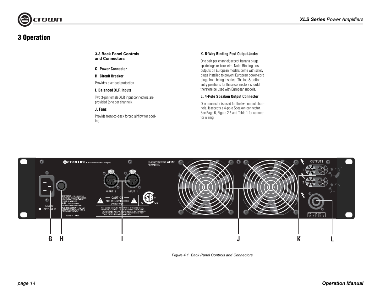 3 operation | Crown Audio XLS Series (2 rack space height with one Speakon connector) User Manual | Page 14 / 28