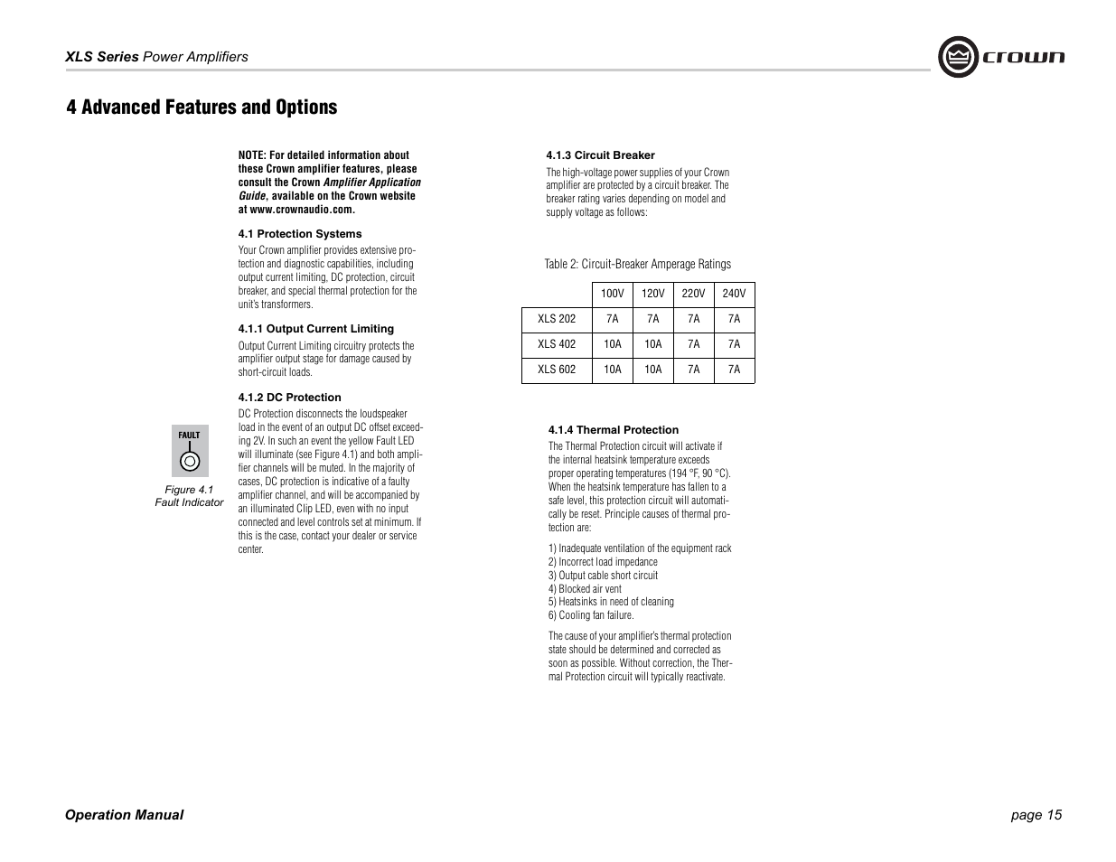 4 advanced features and options | Crown Audio XLS Series (2 rack space height with one Speakon connector) User Manual | Page 15 / 28