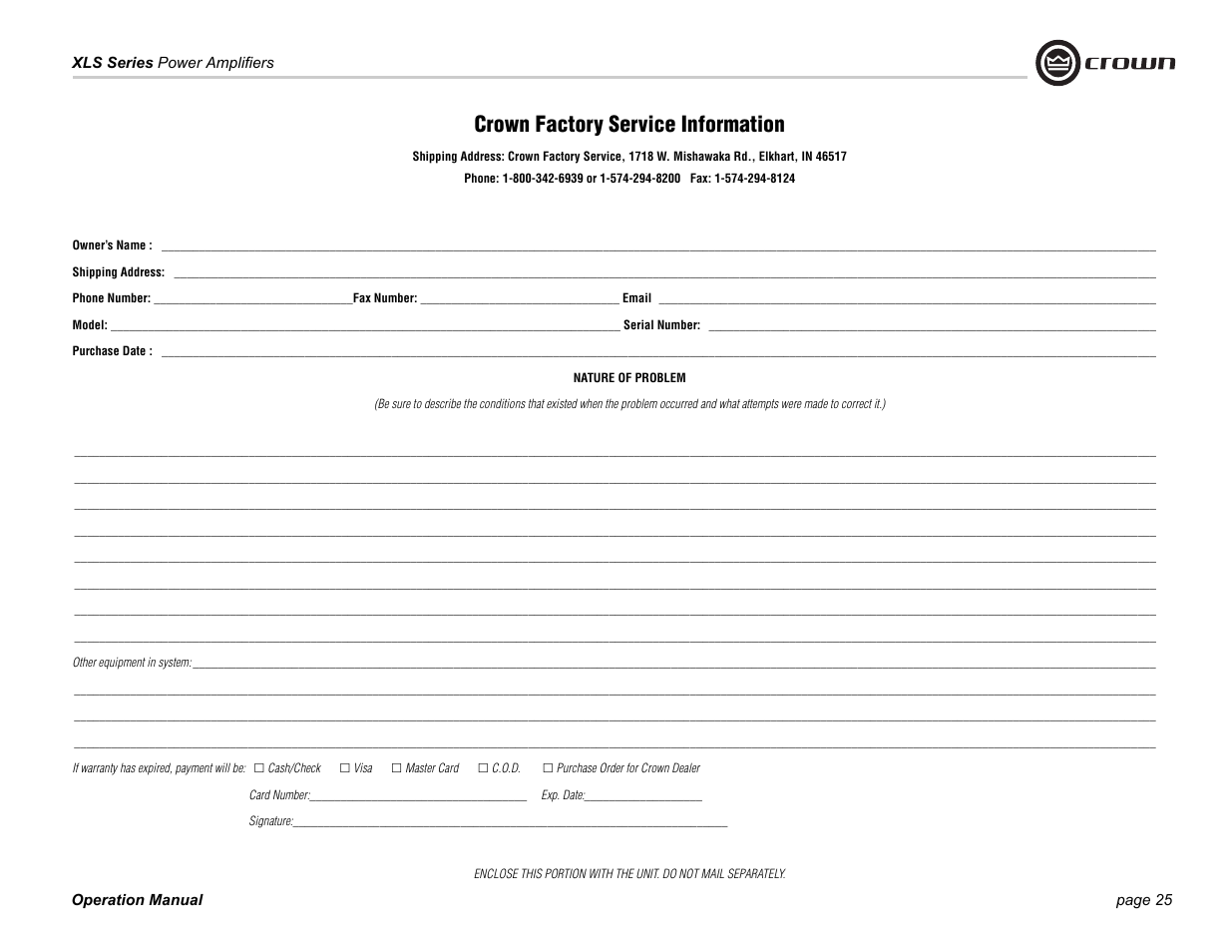 Crown factory service information | Crown Audio XLS Series (2 rack space height with one Speakon connector) User Manual | Page 25 / 28