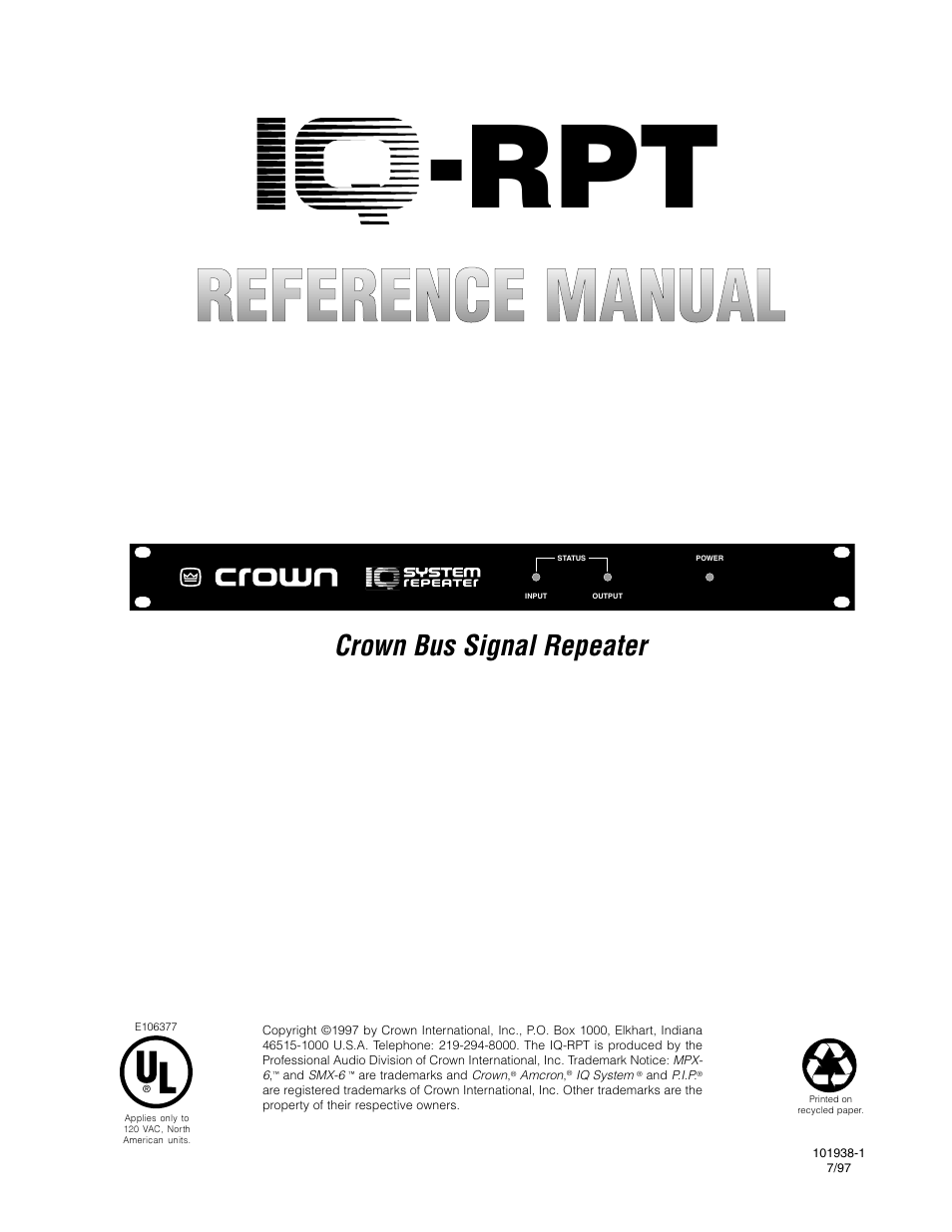 Crown Audio IQ-RPT User Manual | 12 pages