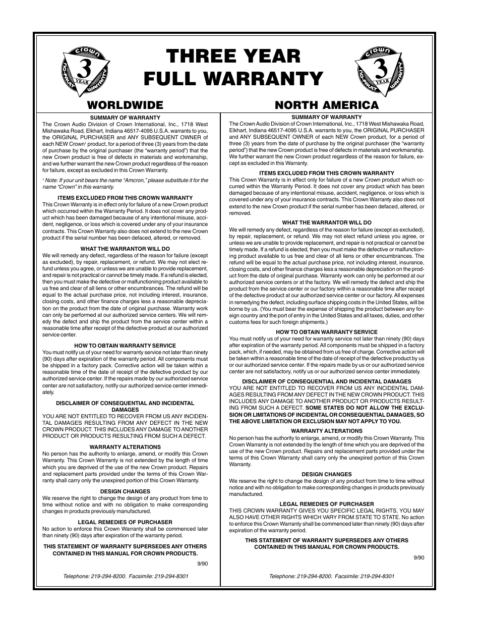 Three year full warranty, North america, Worldwide | Crown Audio IQ-RPT User Manual | Page 2 / 12